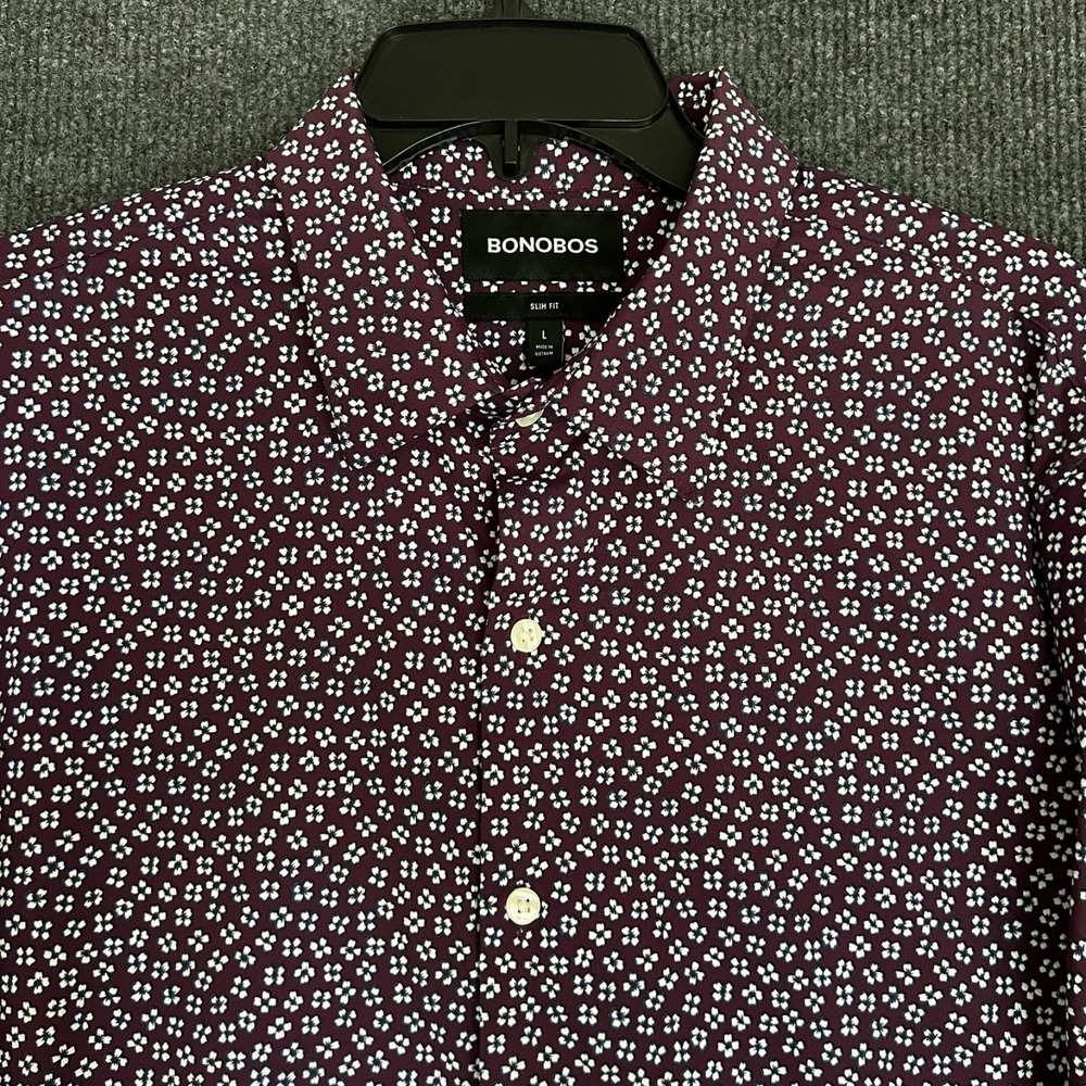 Bonobos Mens L Slim Fit Shirt LS Button Down Stretch Burgundy White Flowers - Picture 3 of 14